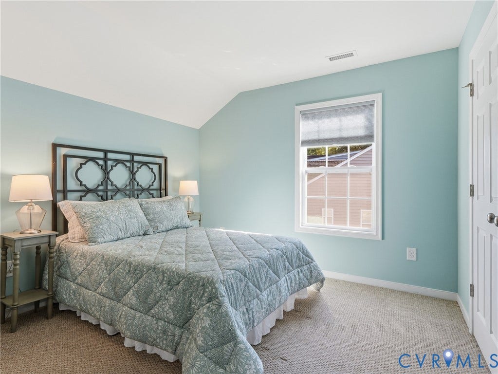 11037 Vogel Court, Bellshire, North Chesterfield, VA 23236 Vaulted ceiling featuring neutral-toned carpeting, light blue wall finishes, a single-hung window with a roller shade, and a paneled interior door