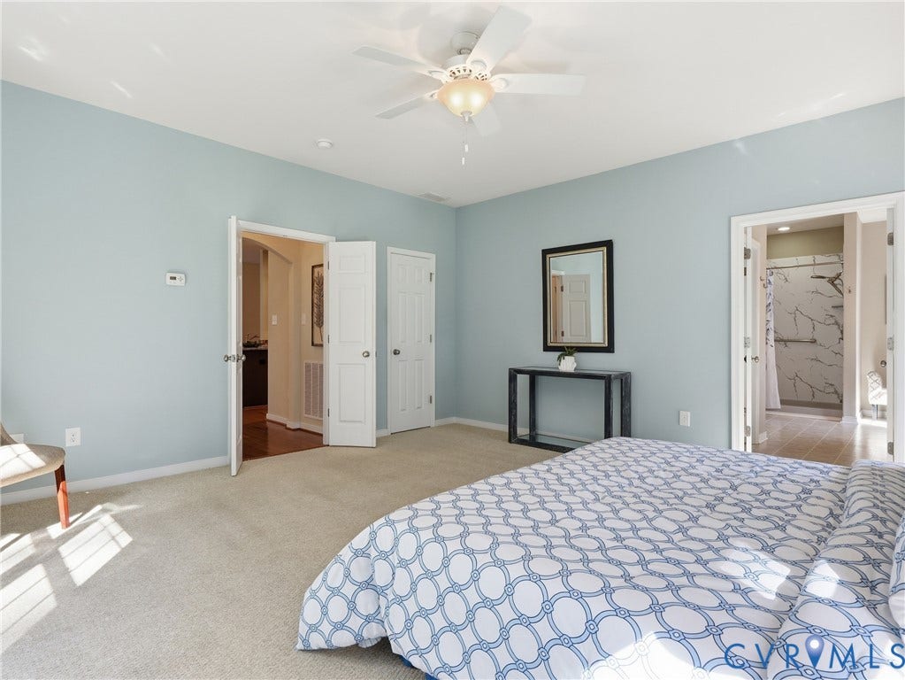 11037 Vogel Court, Bellshire, North Chesterfield, VA 23236 Spacious room featuring neutral carpeting, a central ceiling fan with integrated lighting, dual-panel interior doors, and crisp wall finishes