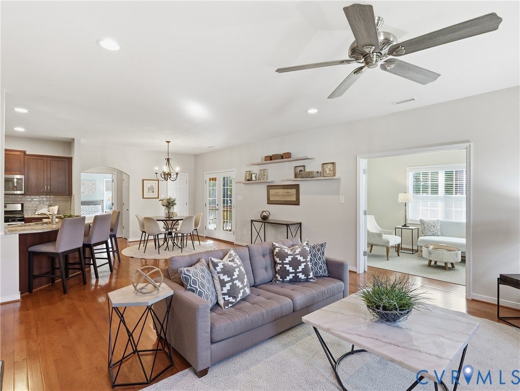 11037 Vogel Court, Bellshire, North Chesterfield, VA 23236 Vaulted ceilings with a ceiling fan, recessed lighting, wood-finish flooring, and wall-mounted shelving