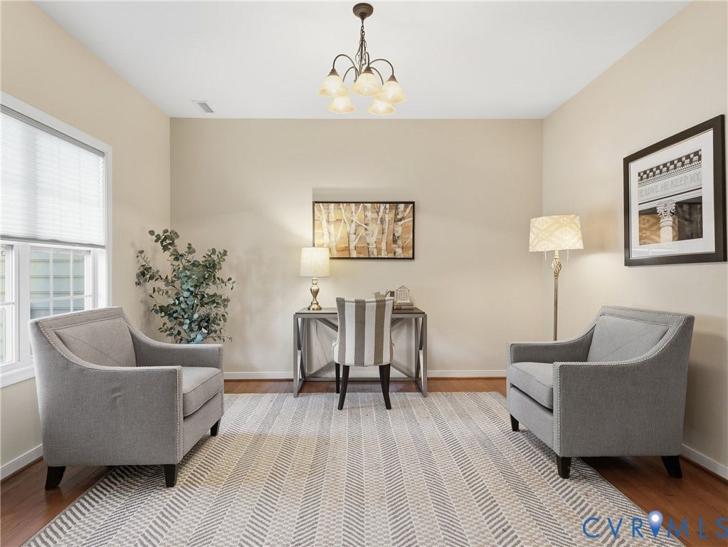 11037 Vogel Court, Bellshire, North Chesterfield, VA 23236 Interior room featuring wood-finish flooring, a multi-arm chandelier with frosted glass shades, and a large multi-pane window