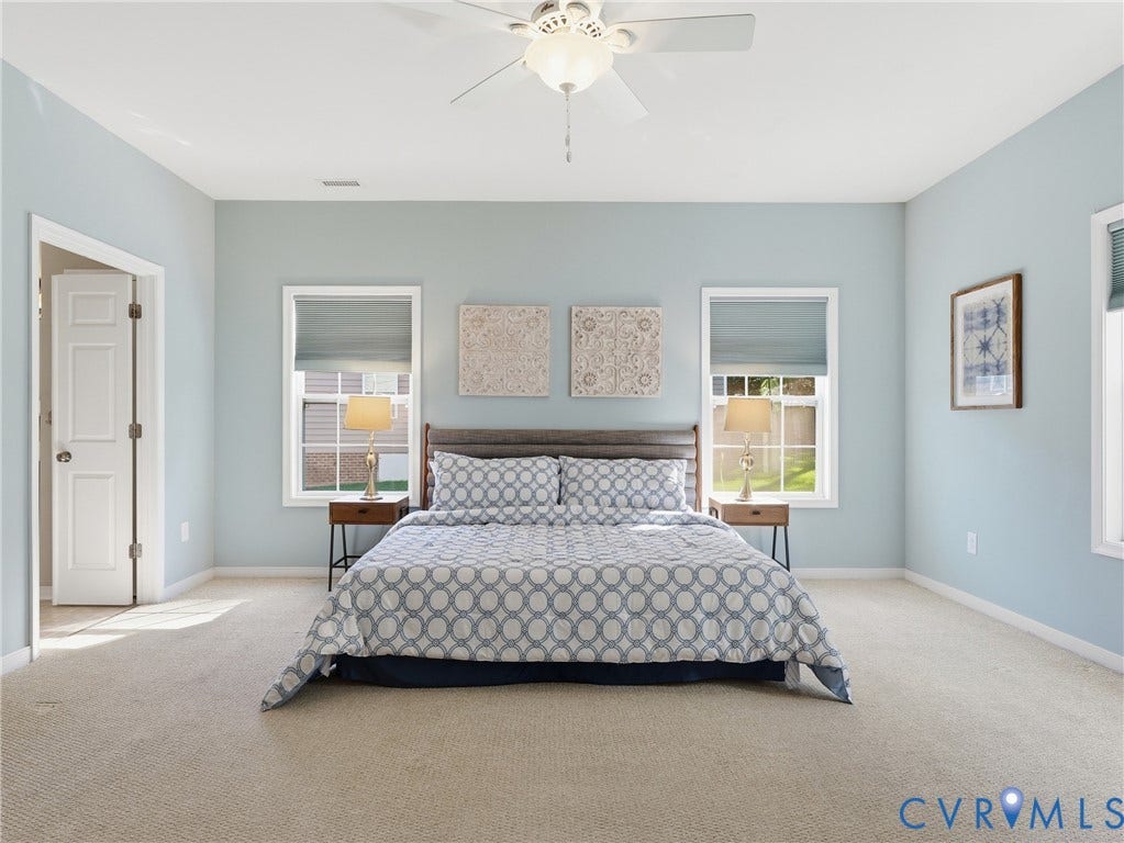 11037 Vogel Court, Bellshire, North Chesterfield, VA 23236 Spacious room featuring neutral carpeting, a central ceiling fan with integrated lighting, dual windows with fitted shades, and a paneled interior door