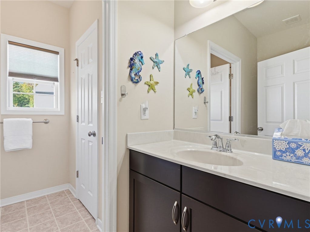 11037 Vogel Court, Bellshire, North Chesterfield, VA 23236 Dark cabinetry with silver hardware, white countertop, integrated sink, polished chrome faucet, and large wall-mounted mirror
