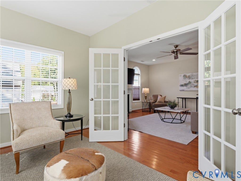 11037 Vogel Court, Bellshire, North Chesterfield, VA 23236 French doors featuring glass panes, white trim, and polished wood-finish flooring