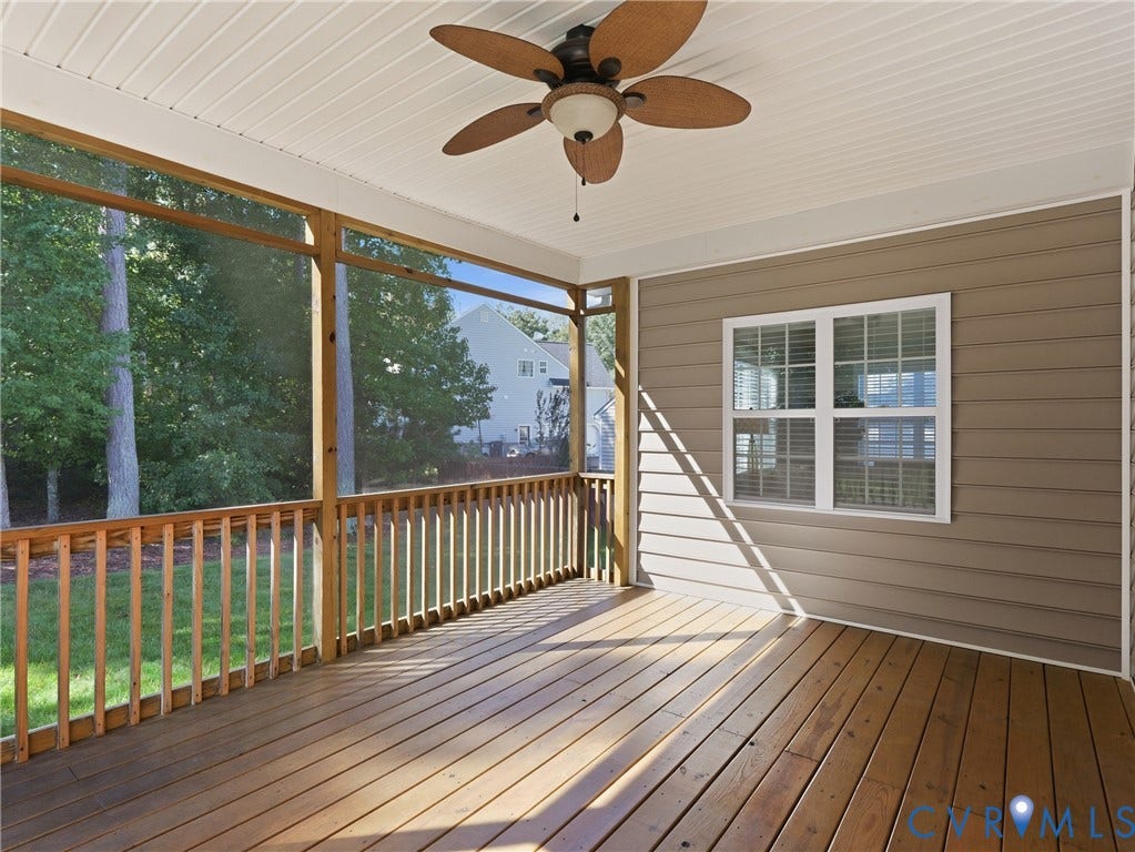 11037 Vogel Court, Bellshire, North Chesterfield, VA 23236 Screened-in porch featuring wood-plank flooring, a beadboard ceiling, a ceiling fan with integrated lighting, and a wood railing