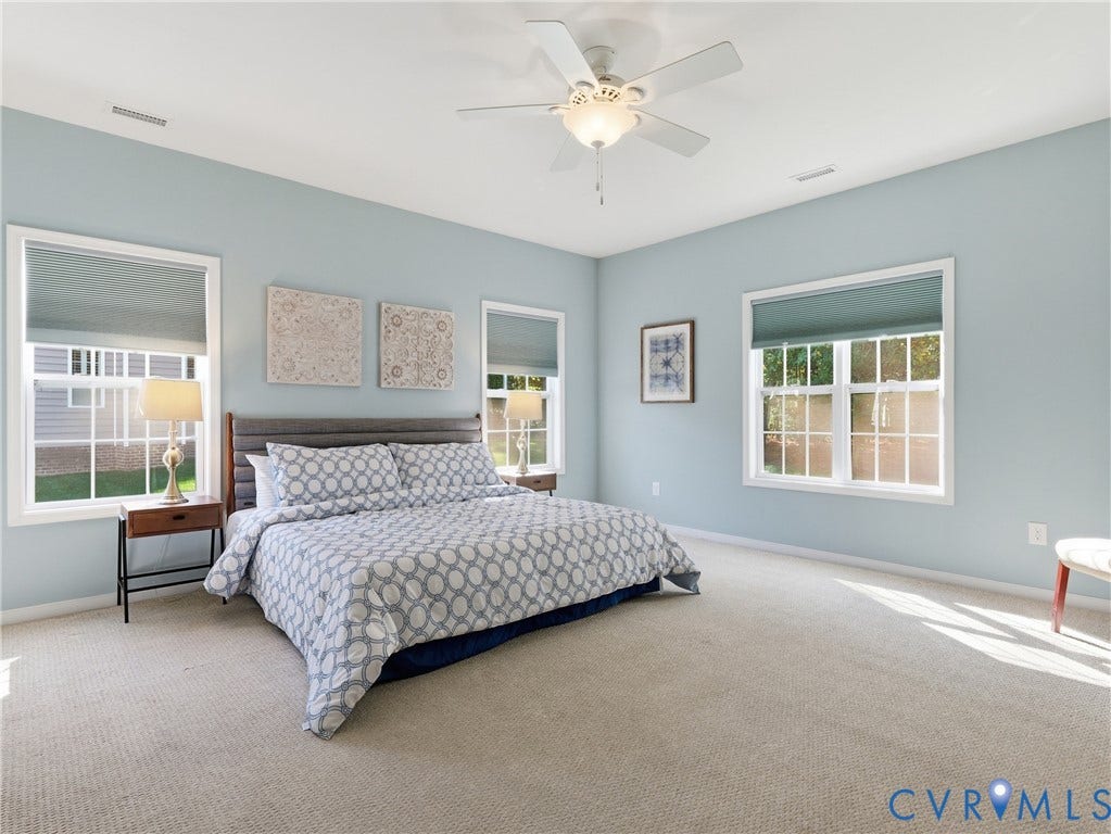 11037 Vogel Court, Bellshire, North Chesterfield, VA 23236 Spacious room featuring neutral carpeting, a central ceiling fan with integrated lighting, and multiple windows with muntin detailing