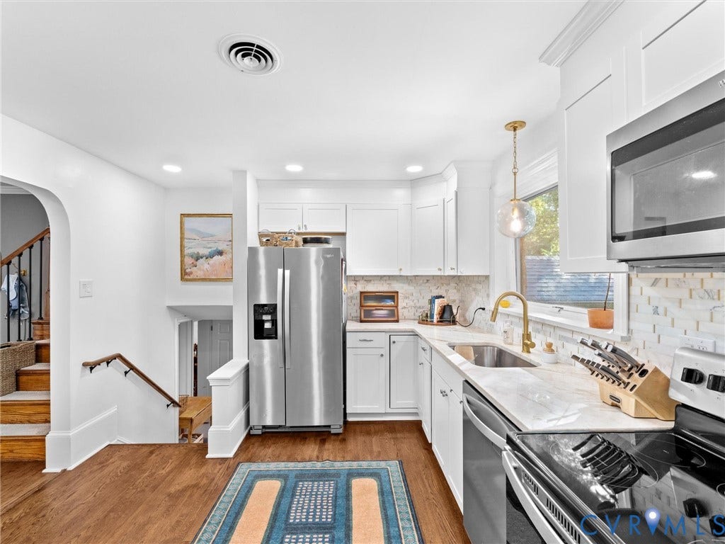 8341 Charlise Road, Stratford Hills, Midlothian, VA 23235 Kitchen featuring white shaker-style cabinetry, stone-finish countertops, stainless steel appliances, a brass-tone gooseneck faucet, and wood-finish flooring