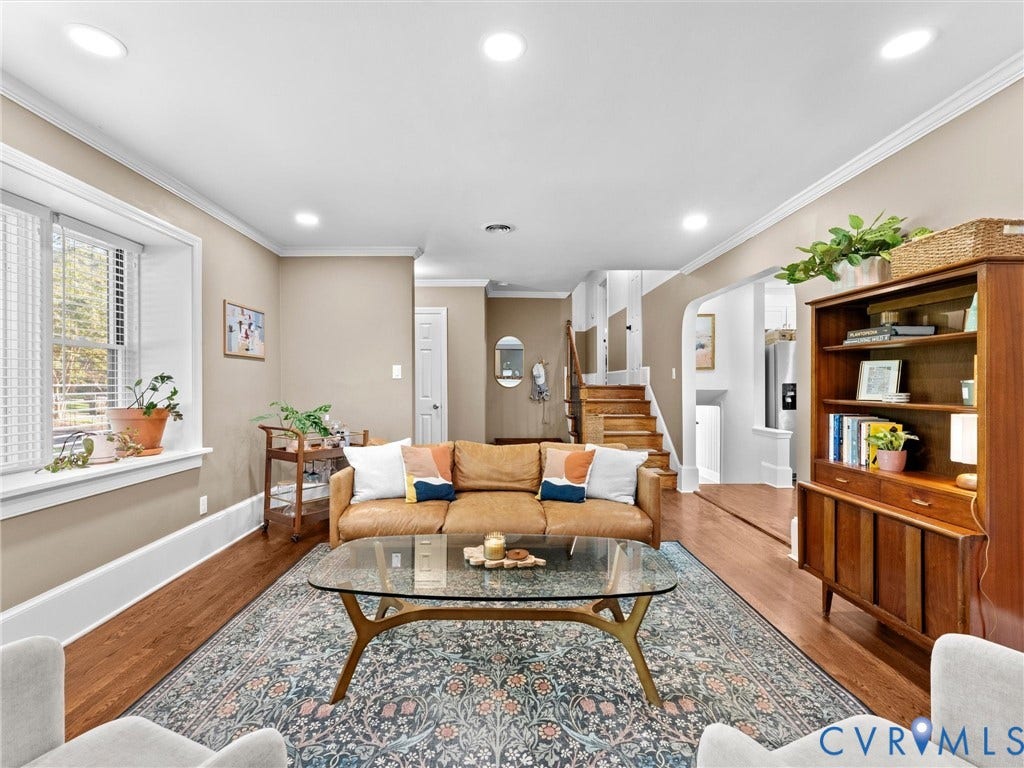 8341 Charlise Road, Stratford Hills, Midlothian, VA 23235 Living area featuring recessed lighting, crown molding, wood-finish flooring, a deep-sill window, and a wood staircase