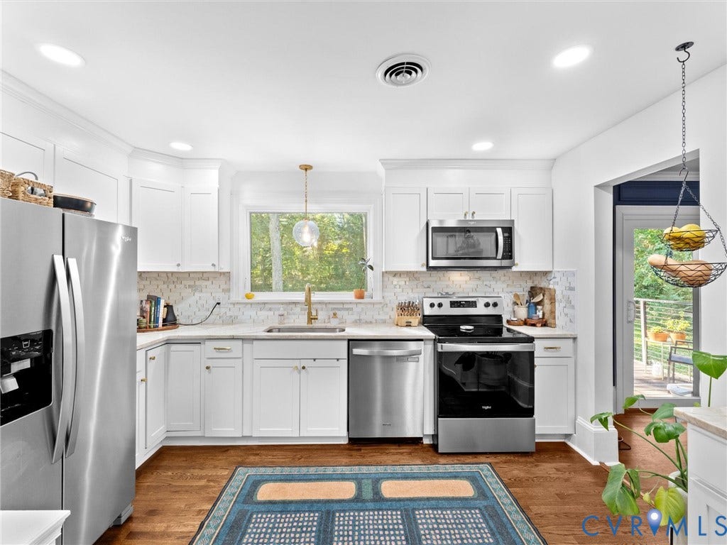 8341 Charlise Road, Stratford Hills, Midlothian, VA 23235 Kitchen featuring white shaker-style cabinetry, stainless steel appliances, a mosaic tile backsplash, wood-finish flooring, and a window over the sink