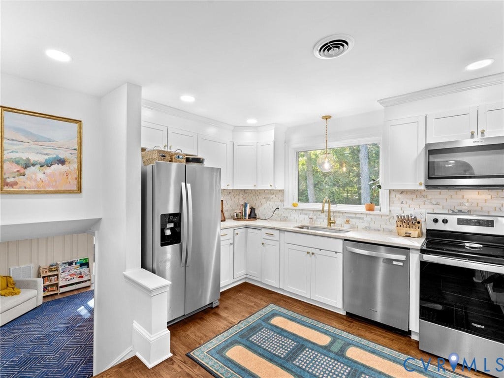 8341 Charlise Road, Stratford Hills, Midlothian, VA 23235 Kitchen featuring white shaker-style cabinetry, stainless steel appliances, a light-toned tile backsplash, and wood-finish flooring