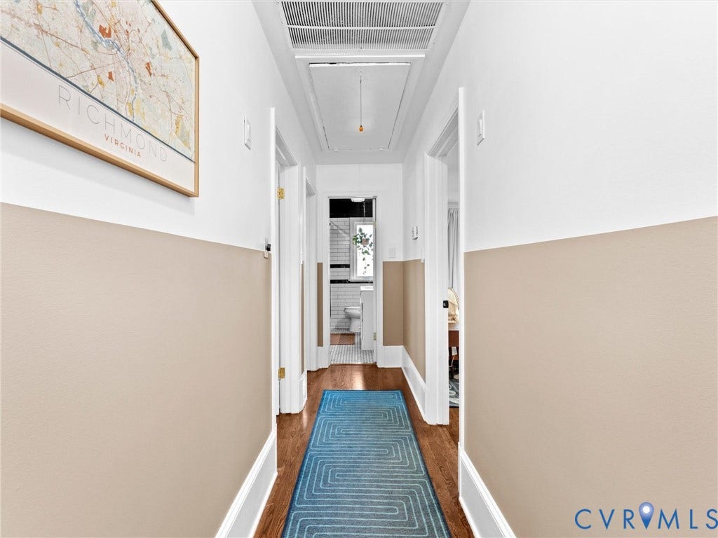 8341 Charlise Road, Stratford Hills, Midlothian, VA 23235 Hallway featuring two-tone wall paint, wood-finish flooring, and recessed ceiling access