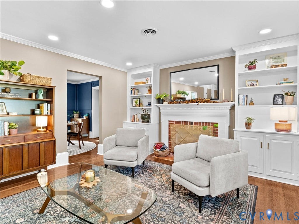 8341 Charlise Road, Stratford Hills, Midlothian, VA 23235 Living area featuring a fireplace with brick surround, built-in cabinetry, recessed lighting, and wood-finish flooring
