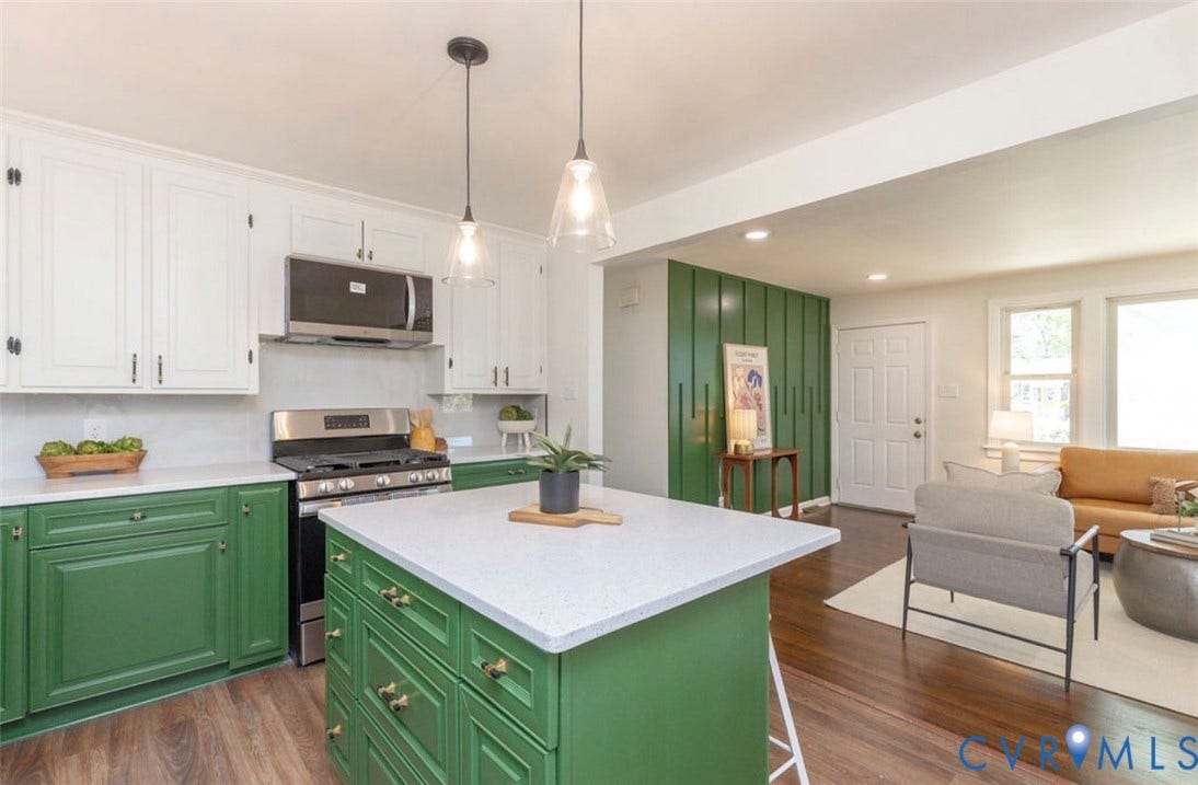 2211 Apollo Road, Fairfield, VA 23223 Open-concept kitchen featuring two-tone cabinetry, a central island with countertop, stainless steel appliances, and wood-finish flooring