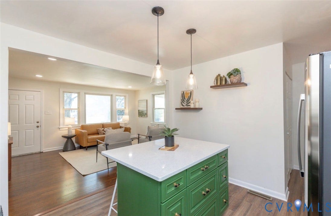 2211 Apollo Road, Fairfield, VA 23223 Kitchen island with white countertop, pendant lighting, wood-finish flooring, recessed lighting, and a white paneled door