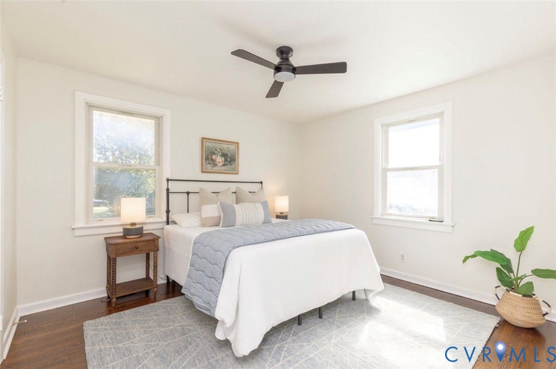 2211 Apollo Road, Fairfield, VA 23223 Hardwood flooring, painted white walls, white trim, and a ceiling fan with integrated lighting