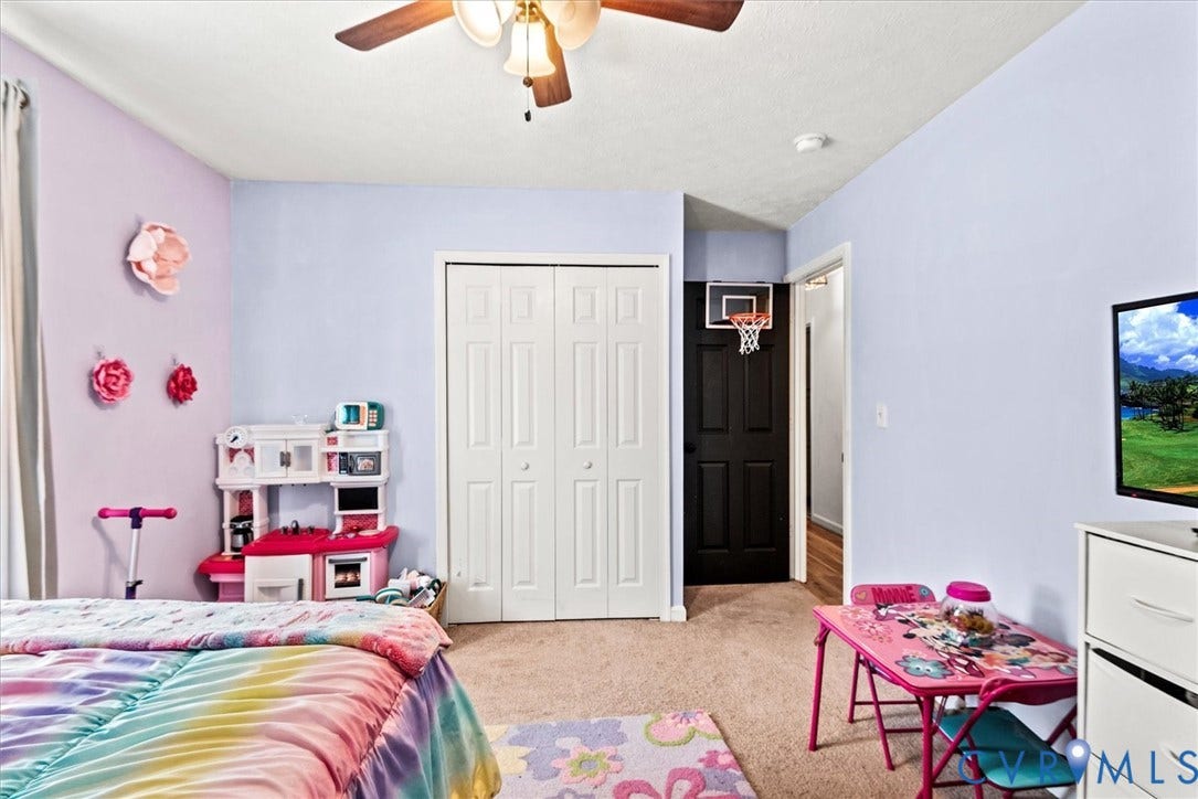 2421 Pittston Road, Ruffin's Pond, Fredericksburg, VA 22408 Carpeted flooring, bi-fold closet doors, and an overhead ceiling fan with lighting