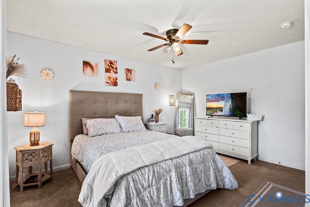 2421 Pittston Road, Ruffin's Pond, Fredericksburg, VA 22408 Ceiling fan with integrated lighting, recessed lighting, wall-to-wall carpeting, and a built-in wall-mounted mirror