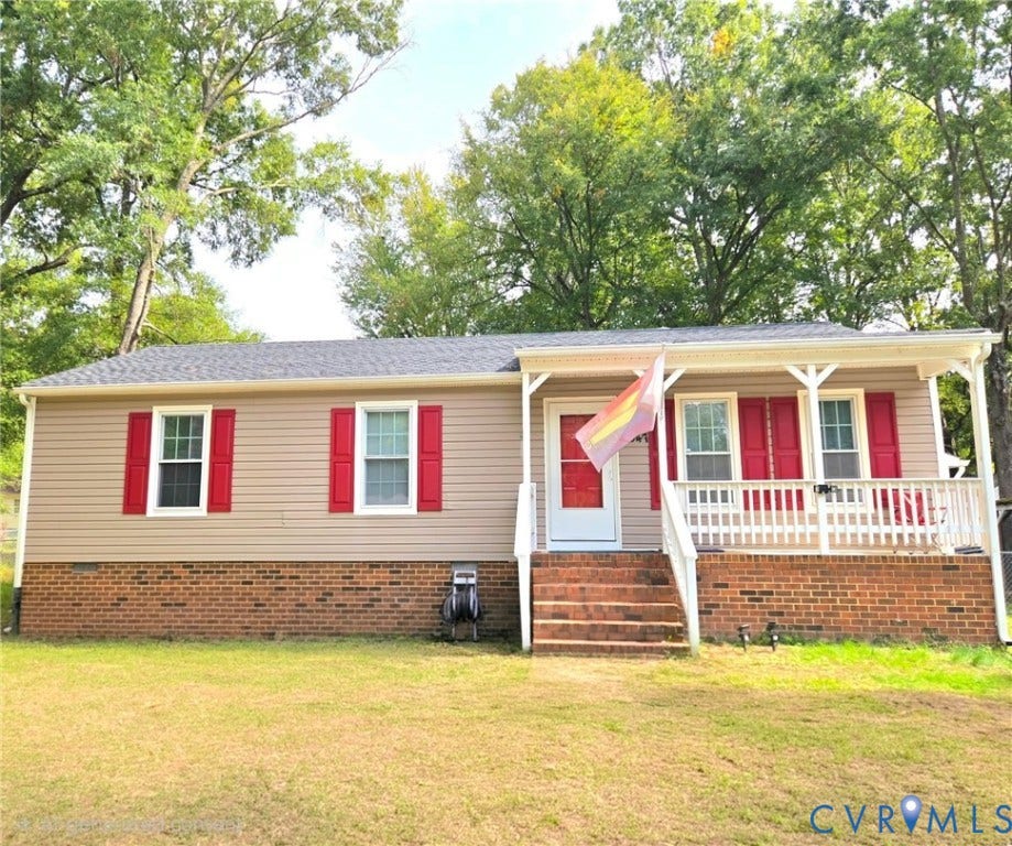4647 Twelveoaks Road, Midlothian, VA 23112 Single-story residence featuring tan siding, red window shutters, and a brick foundation