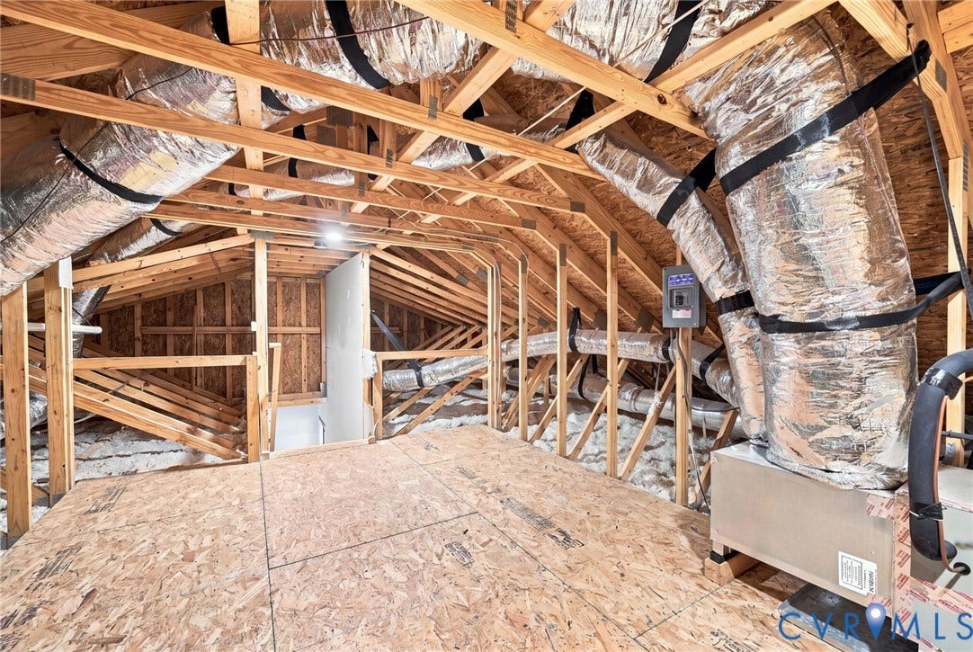 Exposed wood framing, insulated ductwork, and plywood flooring in unfinished attic space
