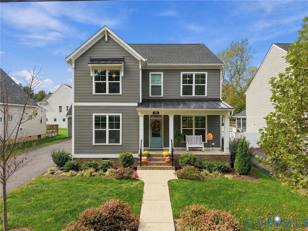 Gray siding exterior with white trim details and a covered front porch