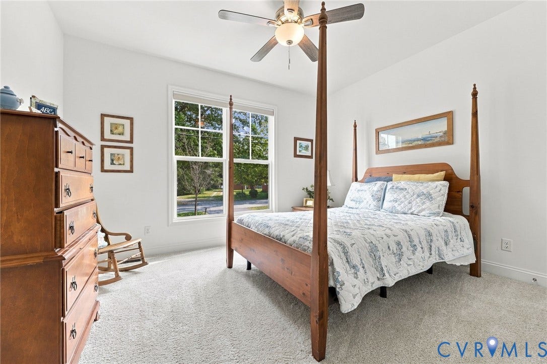 1st Floor bedroom, Recessed lighting, ceiling fan fixture, white walls, and light-toned carpet