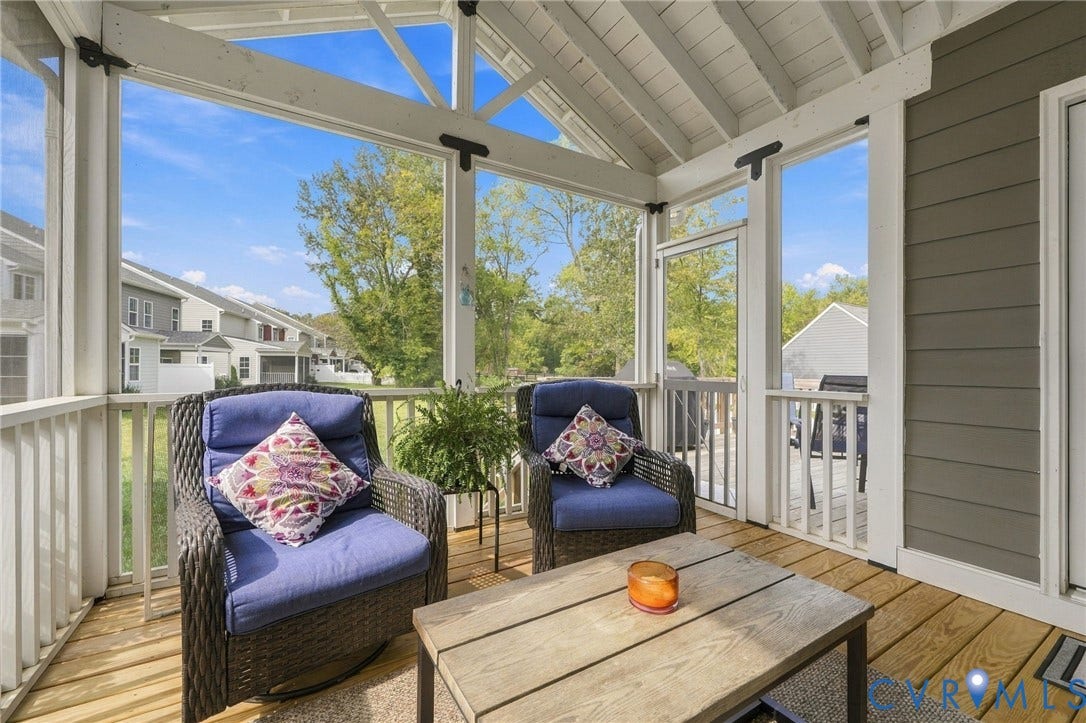 Screened porch featuring a vaulted ceiling with exposed beams, wood-finish flooring, and direct exterior access