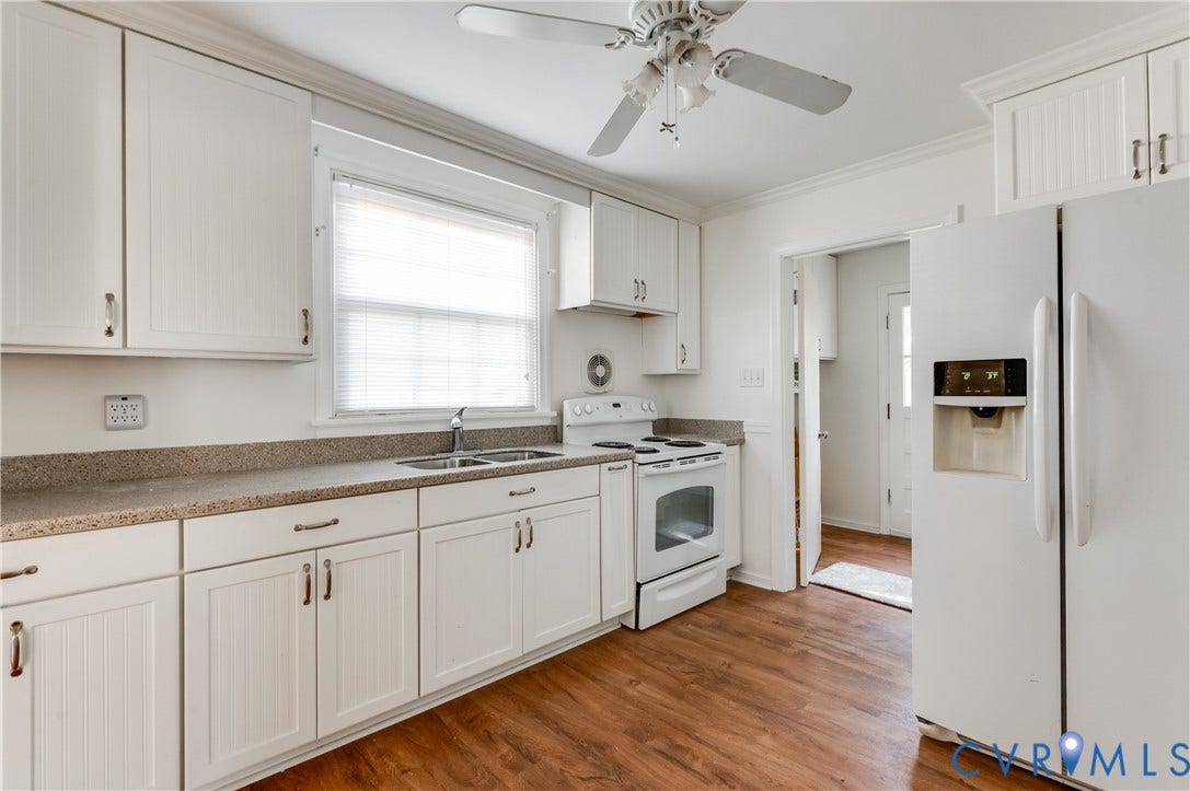 1701 Kingswood Street, Richmond, VA 23224 Kitchen featuring white cabinetry, stone-finish countertops, wood-finish flooring, dual-basin stainless steel sink, and integrated white appliances