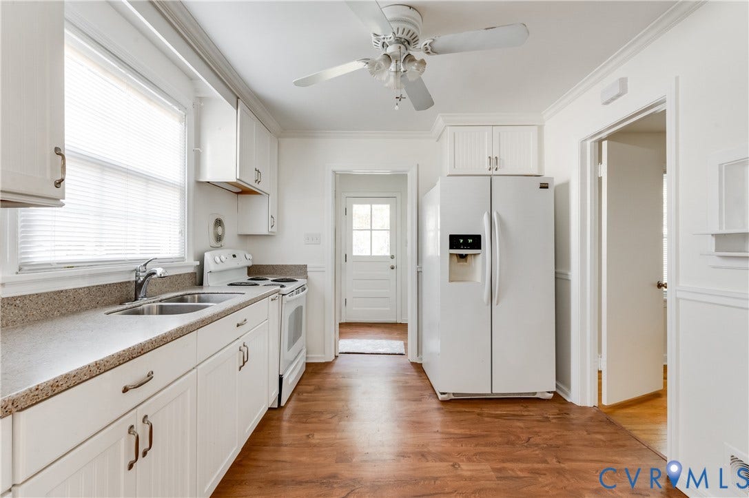 1701 Kingswood Street, Richmond, VA 23224 Kitchen featuring white shaker-style cabinetry, wood-finish flooring, dual-basin stainless steel sink, and ceiling-mounted fan