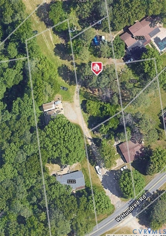 Aerial Property Map. Displaying the property boundaries, associated structures, and surrounding roads