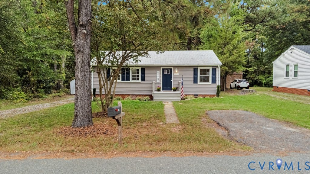 4130 Sprenkle Lane, Wistar Heights, Henrico, VA 23228 Single-story residence featuring light gray siding, a light-colored roof, and a dark blue entry door