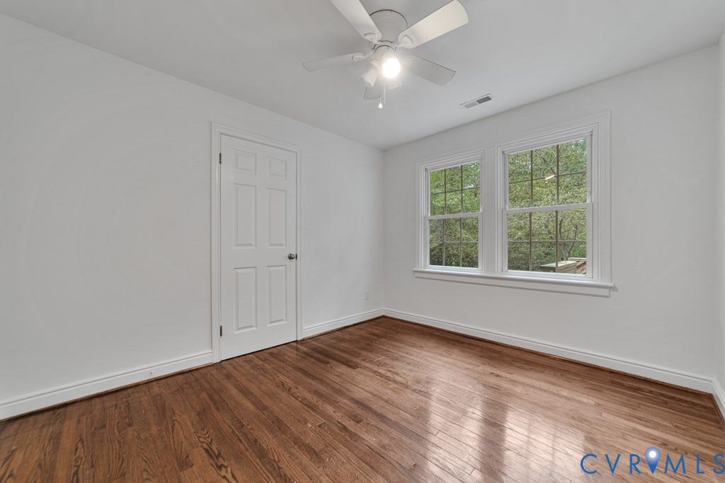 4130 Sprenkle Lane, Wistar Heights, Henrico, VA 23228 Hardwood flooring, white painted walls, white trim, dual windows, and ceiling fan