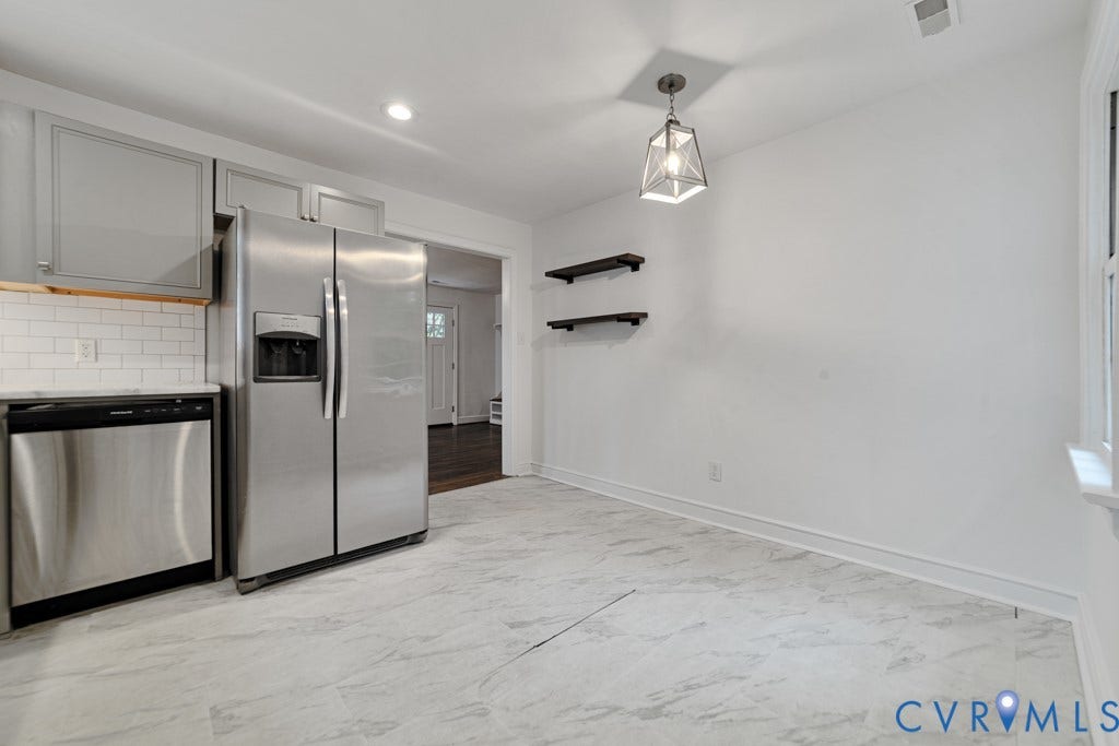 4130 Sprenkle Lane, Wistar Heights, Henrico, VA 23228 White subway tile backsplash, stainless steel appliances, gray cabinetry, recessed lighting, and a contemporary pendant light fixture