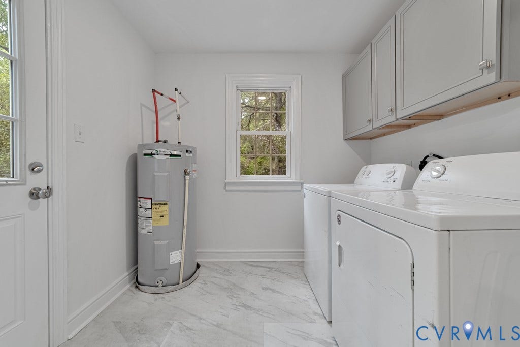 4130 Sprenkle Lane, Wistar Heights, Henrico, VA 23228 Utility area featuring light-toned flooring, window with natural illumination, wall-mounted cabinetry, and a water heater unit