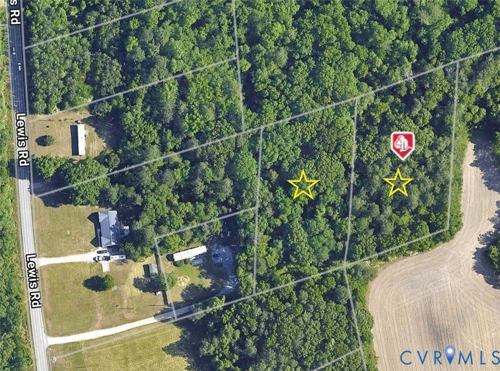 Aerial Property Map. Displaying land divisions and markers for the property