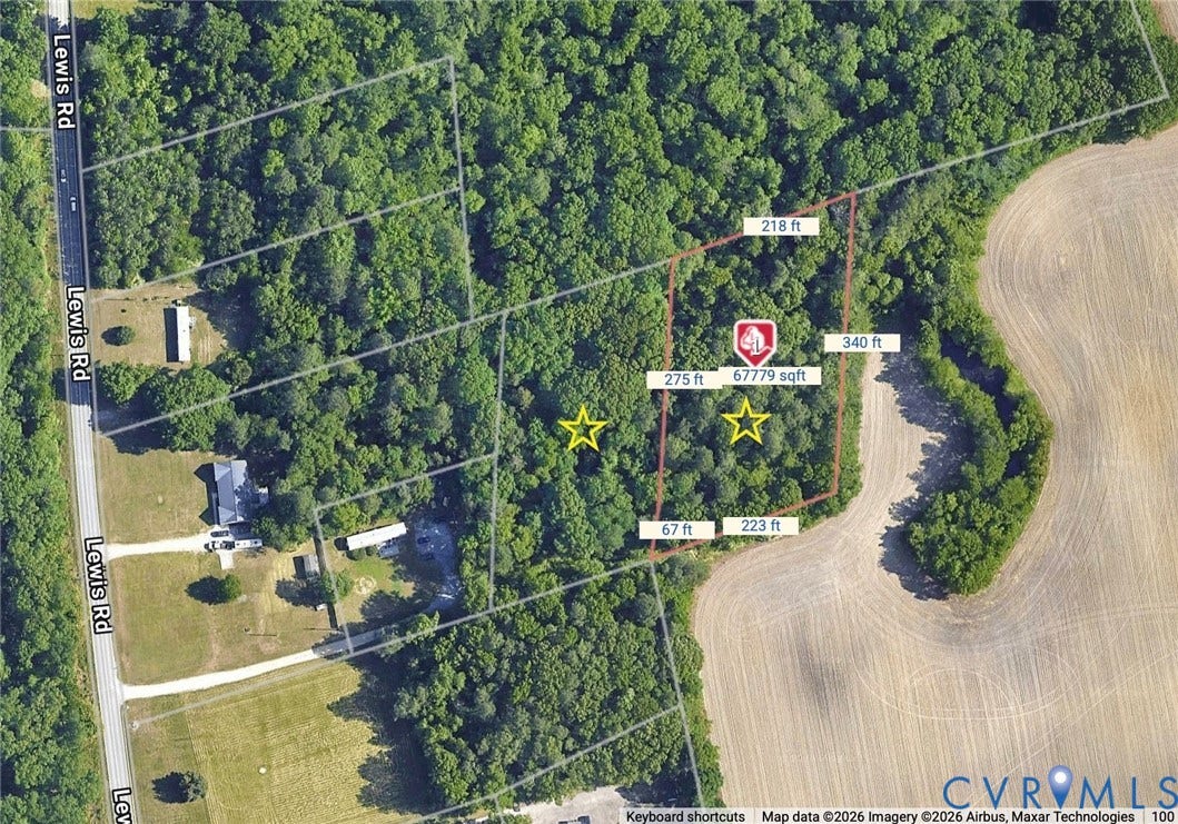 Property Overlay Map. Illustrating the property boundaries and dimensions with Lewis Rd as an access point. 12215 Dimensions.