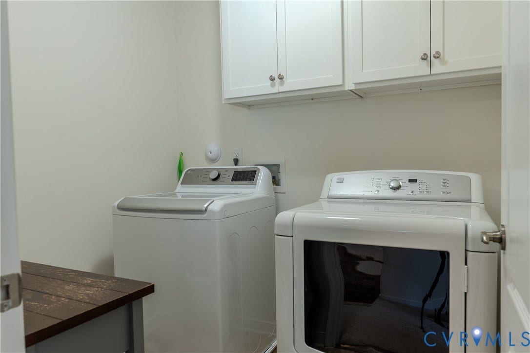 Laundry area featuring white shaker-style wall cabinetry and matte metallic hardware