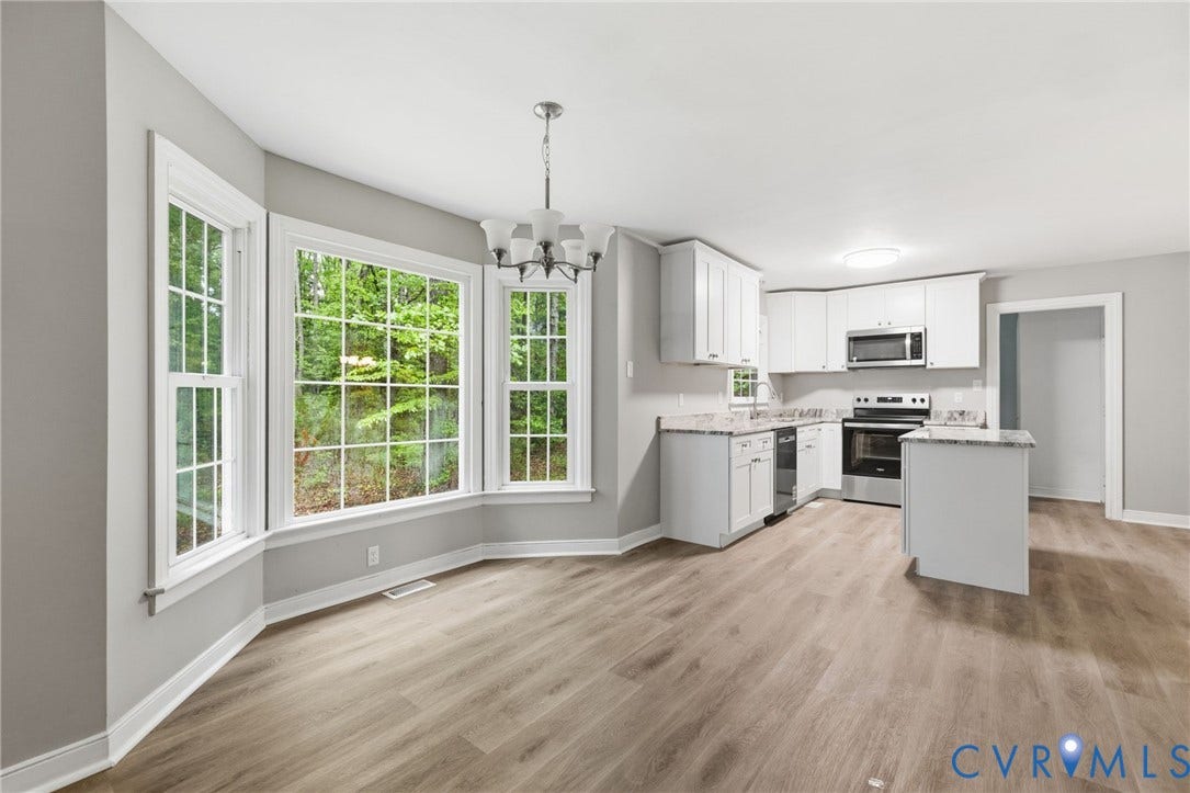 10731 Spring Run Road, Manchester, Chesterfield, VA 23832 Open-concept kitchen featuring white cabinetry, stainless steel appliances, and granite-style countertops