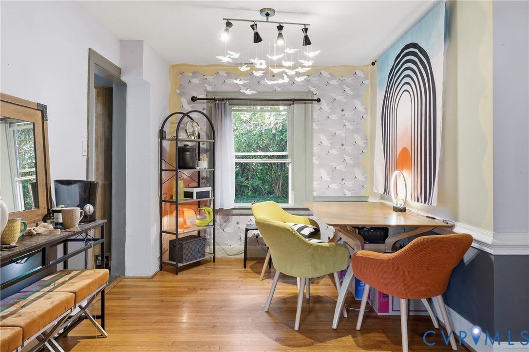 Hardwood-finish flooring, built-in window, track lighting, crown molding