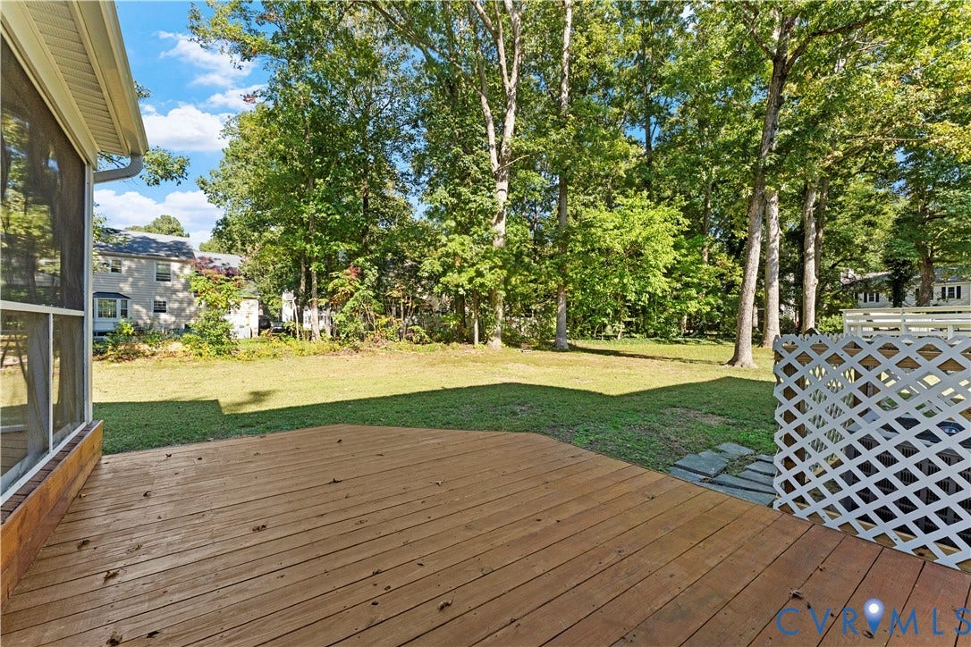 2307 Garrison Place Terrace, Garrison Place, Midlothian, VA 23112 Backyard featuring a wood deck, screened porch, lattice privacy panel, and mature trees