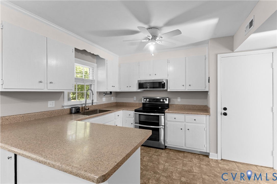 2307 Garrison Place Terrace, Garrison Place, Midlothian, VA 23112 Kitchen featuring white cabinetry, solid-surface countertops, stainless steel appliances, and a ceiling-mounted light fixture