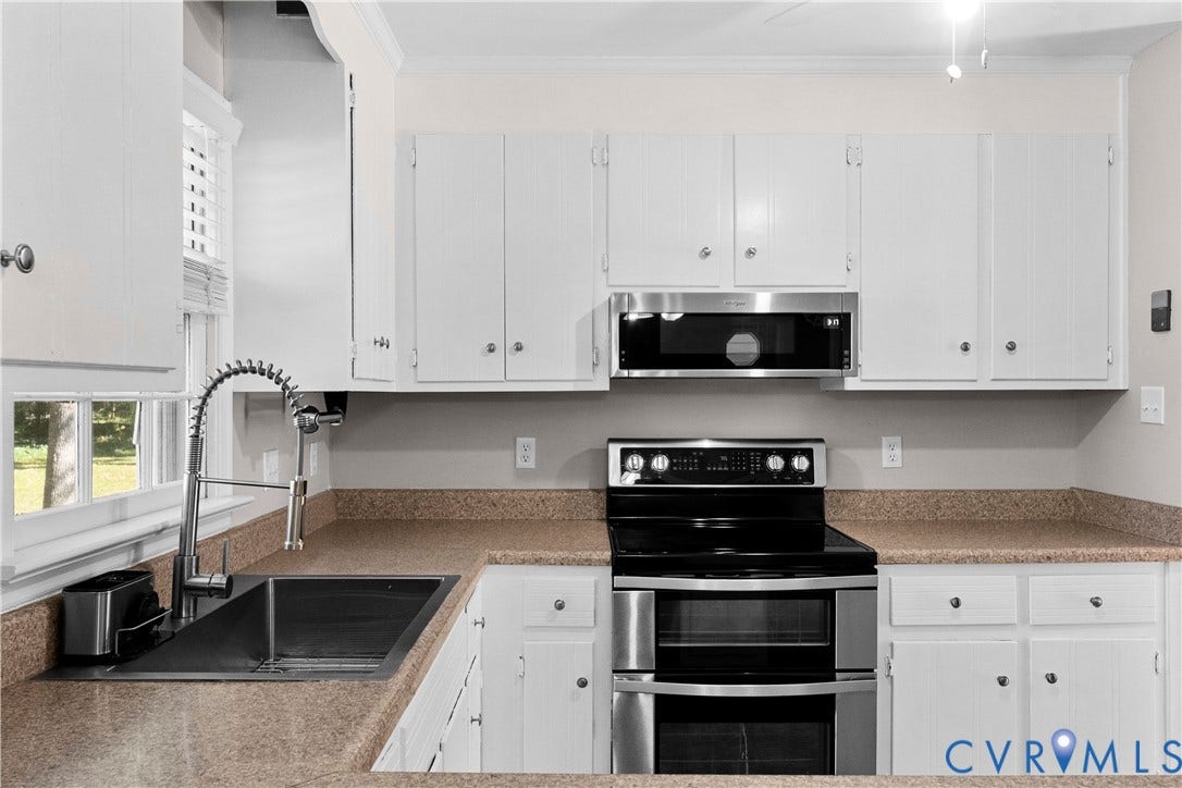 2307 Garrison Place Terrace, Garrison Place, Midlothian, VA 23112 Kitchen featuring white cabinetry, solid surface countertops, stainless steel appliances, and a high-arc pull-down faucet