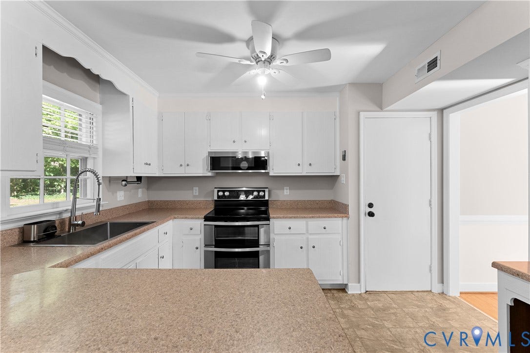 2307 Garrison Place Terrace, Garrison Place, Midlothian, VA 23112 Kitchen featuring white cabinetry, solid-surface countertops, stainless steel appliances, a double-basin undermount sink with a pull-down sprayer faucet, and a ceiling fan