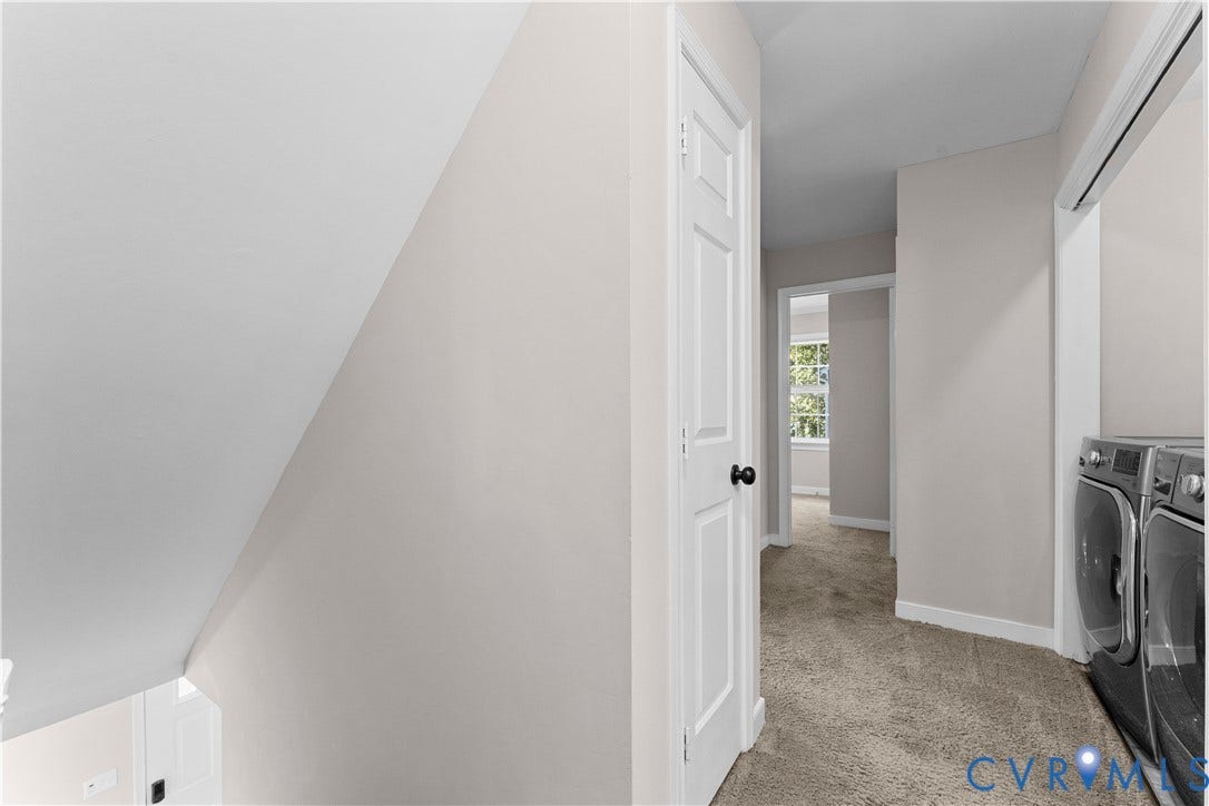 2307 Garrison Place Terrace, Garrison Place, Midlothian, VA 23112 Neutral-toned interior featuring carpeting, a six-panel door with a matte black knob, and a designated laundry area with metallic-finish appliances