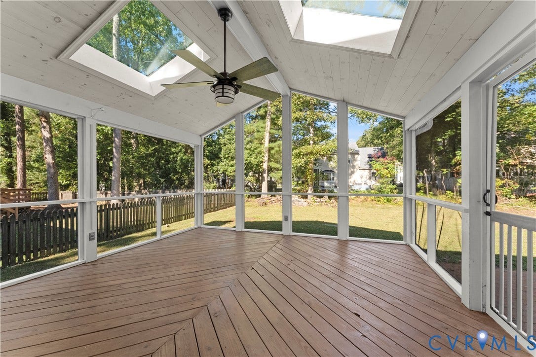 2307 Garrison Place Terrace, Garrison Place, Midlothian, VA 23112 Screened-in porch featuring wood decking, vaulted ceiling with exposed beams, dual skylights, and a ceiling fan