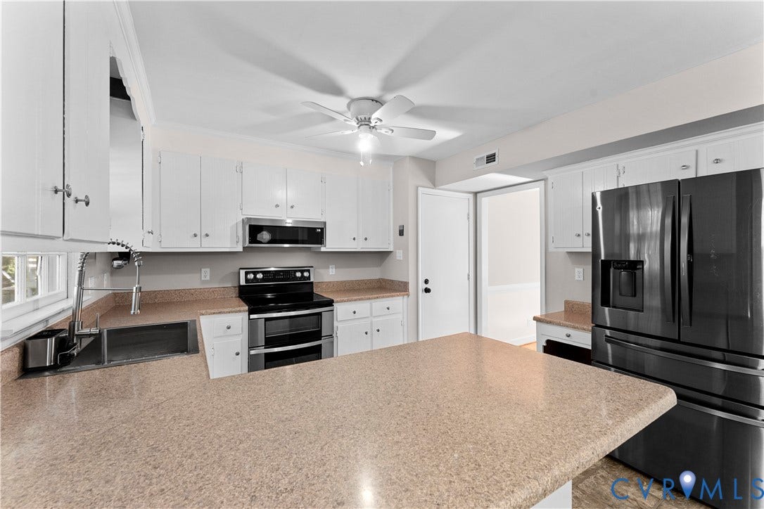 2307 Garrison Place Terrace, Garrison Place, Midlothian, VA 23112 Kitchen featuring white cabinetry, solid-surface countertops, black-finish appliances, an undermount stainless steel sink with a high-arch pull-down faucet, and a ceiling-mounted fan