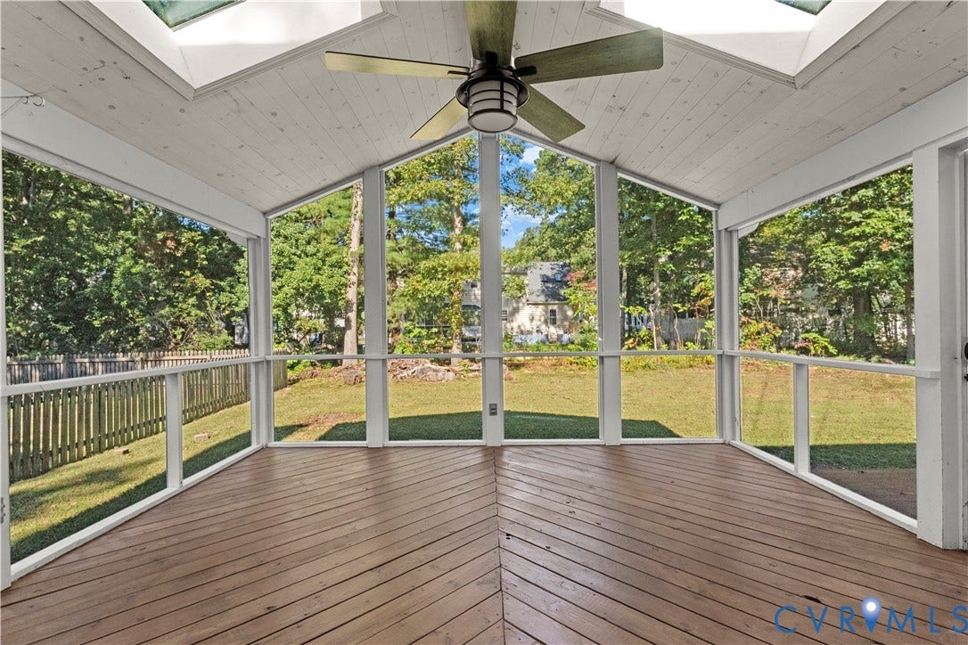 2307 Garrison Place Terrace, Garrison Place, Midlothian, VA 23112 Screened porch with vaulted ceiling, wood-plank flooring laid in a chevron pattern, dual skylights, and a central ceiling fan