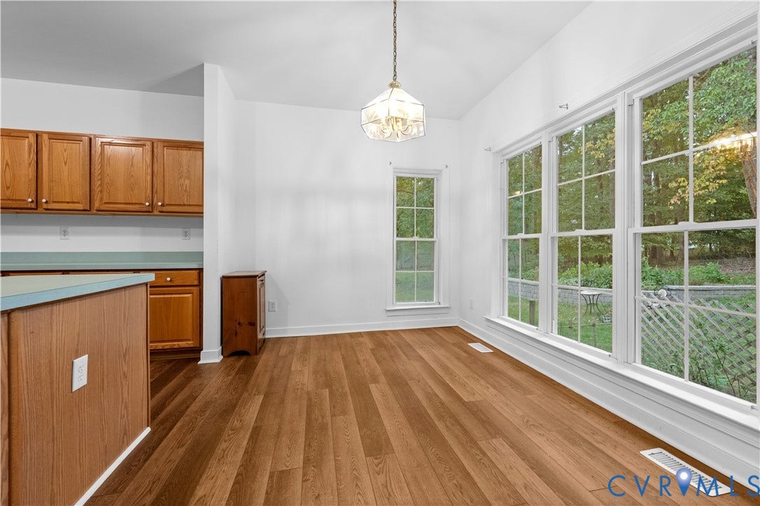 3437 Riverton Court, Robious Road Corridor, Midlothian, VA 23113 Wood-finish flooring, multi-pane windows, built-in wooden cabinetry, and overhead geometric pendant lighting