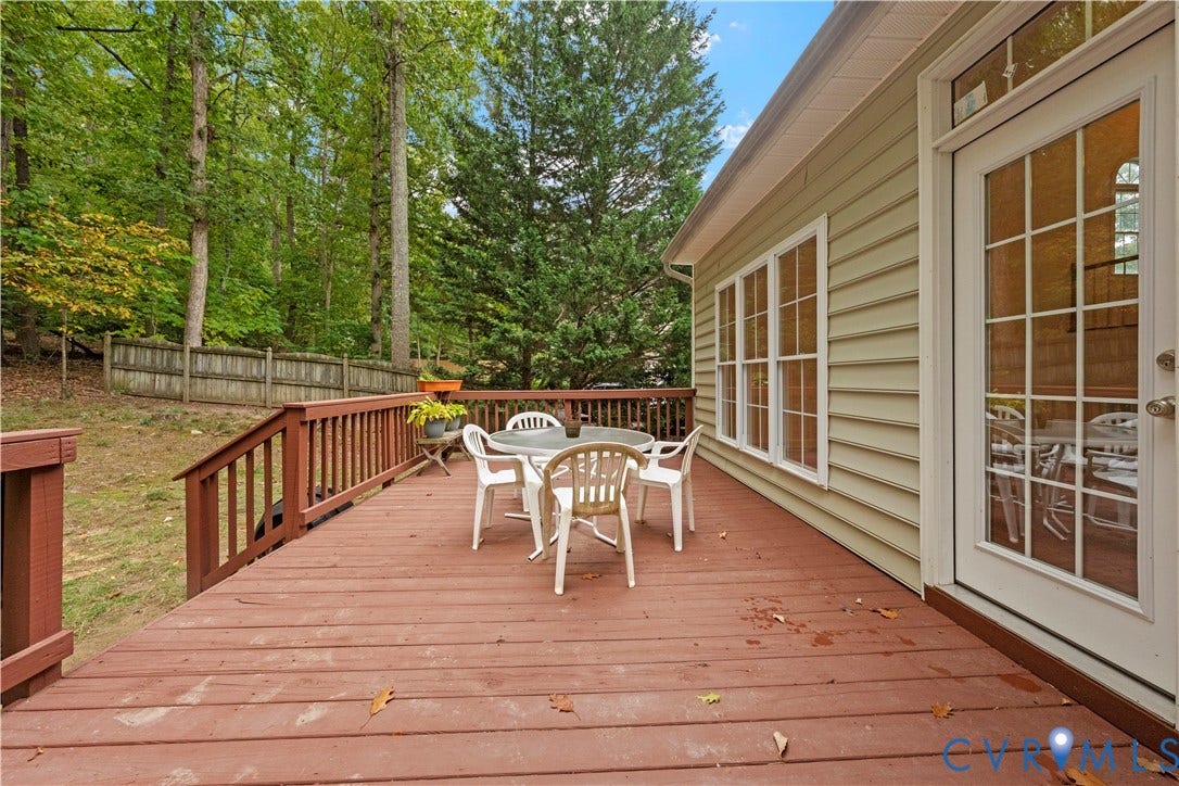 3437 Riverton Court, Robious Road Corridor, Midlothian, VA 23113 Elevated wooden deck with balustrade, horizontal siding exterior, and multi-light glass door