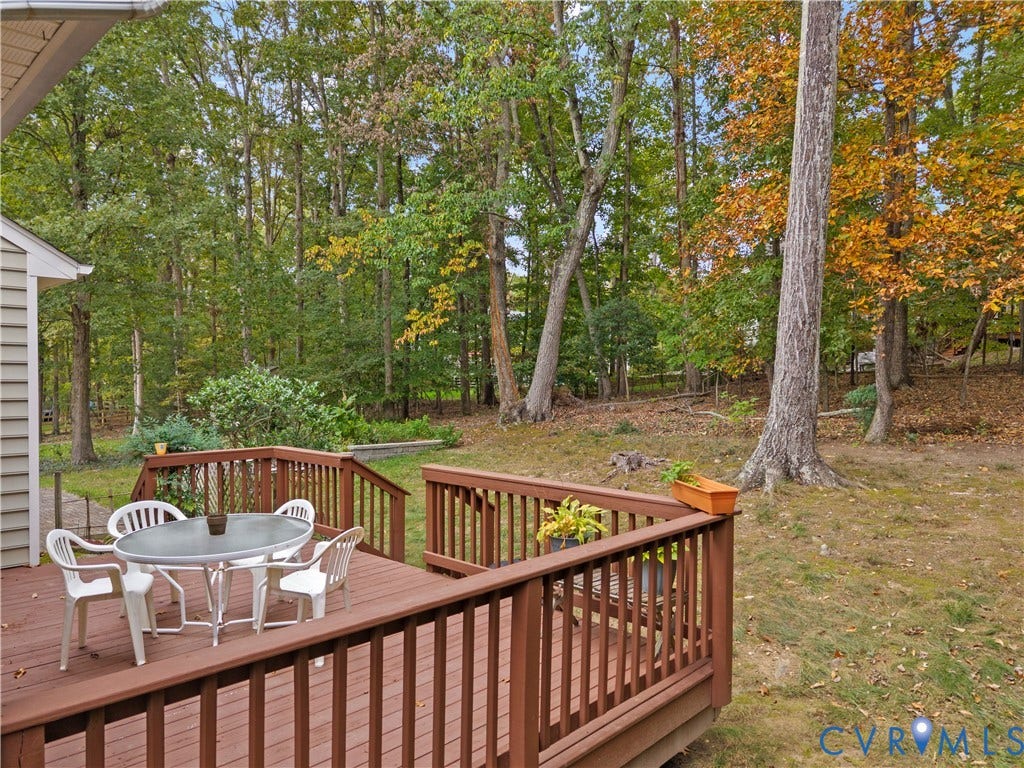 3437 Riverton Court, Robious Road Corridor, Midlothian, VA 23113 Raised wood deck featuring vertical balusters and a sloped backyard area with mature trees