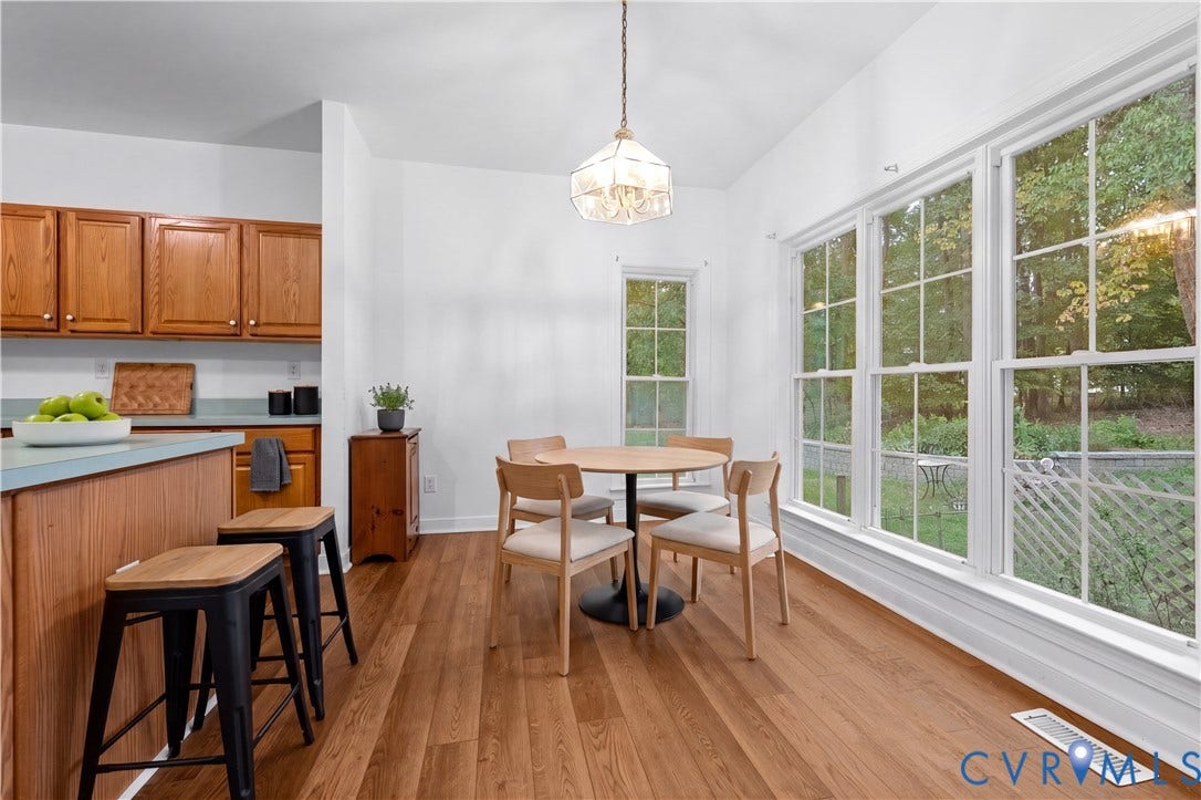 3437 Riverton Court, Robious Road Corridor, Midlothian, VA 23113 Wood-finish flooring, natural wood cabinetry, pendant lighting, and oversized multi-pane windows