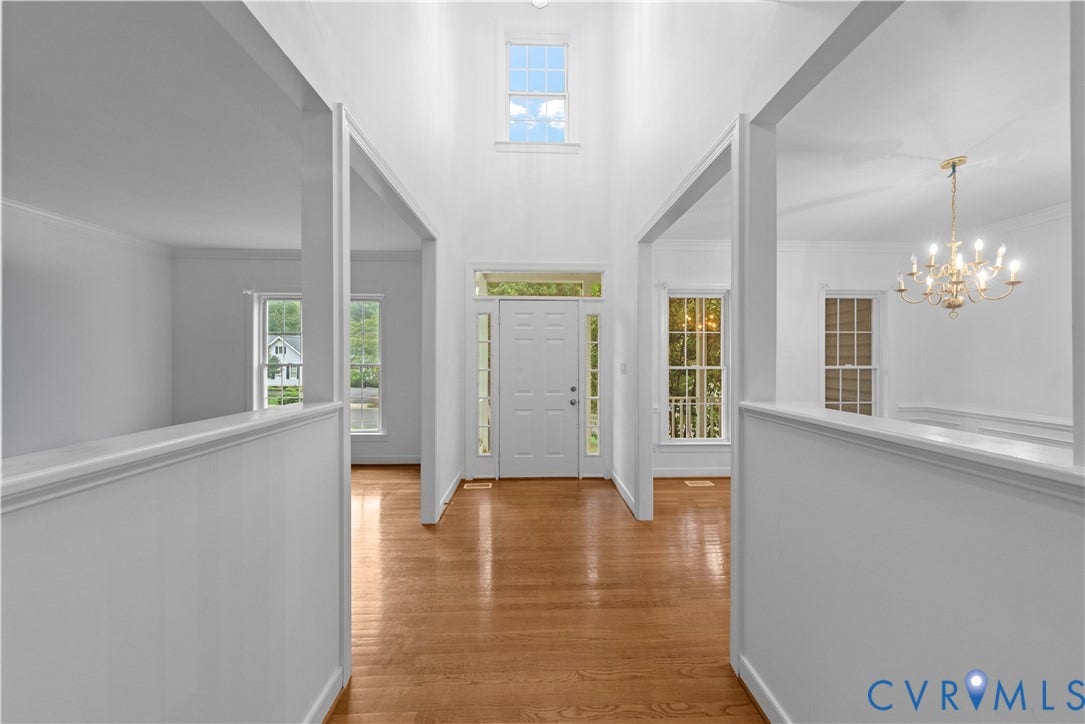 3437 Riverton Court, Robious Road Corridor, Midlothian, VA 23113 Foyer featuring vaulted ceilings, wood-finish flooring, multi-pane transom windows, and a decorative multi-tier chandelier